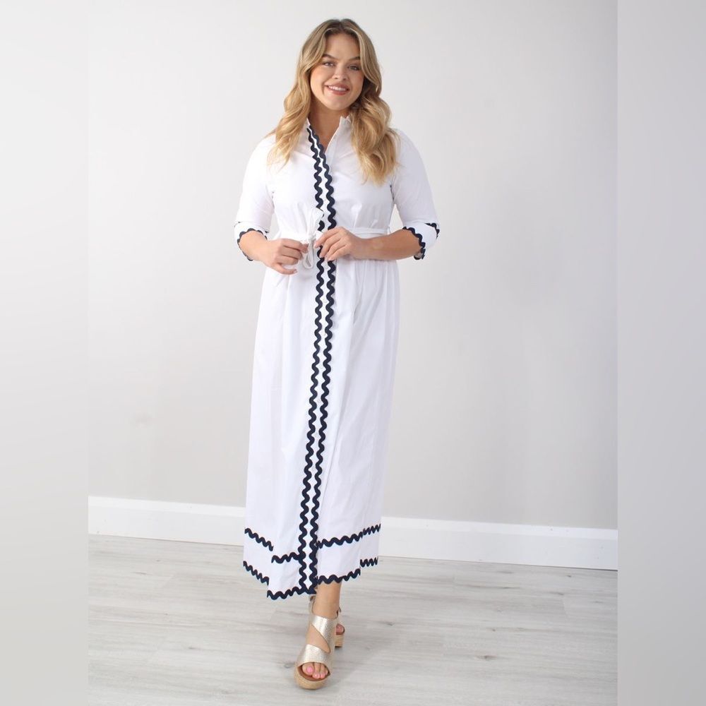 Vilagallo Natalia White Poplin Ricrac Trim Belted Button Down Shirt Dress 44